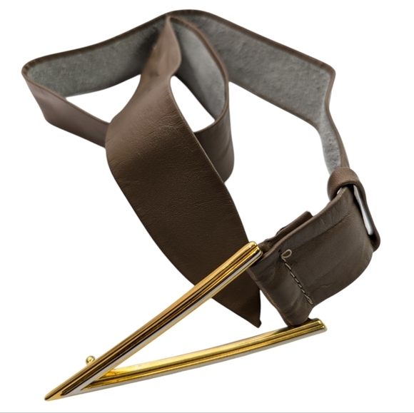 Vintage Tan Taupe Leather Belt Retro Mixed Metal Buckle Size S - Picture 2 of 6